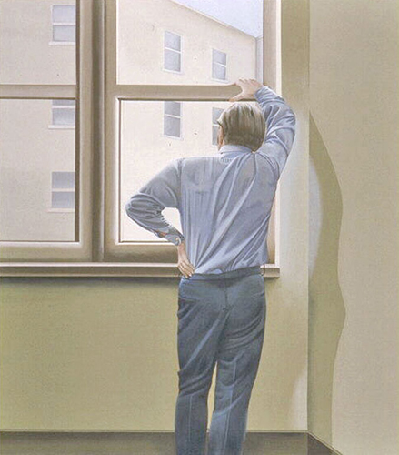 Man III (1973) de Marielouise Kreyes est une peinture qui représente la vue arrière d'un homme regardant par la fenêtre