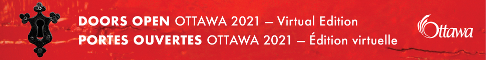 Un grand trou de serrure noir sur fond rouge positionné à gauche du texte «Portes ouvertes Ottawa 2021 Édition virtuelle» en anglais et français