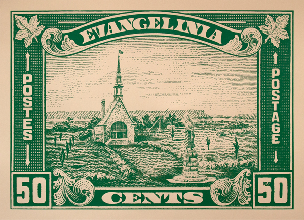 Un timbre-poste agrandi avec le mot "EVANGELINA" en haut, "POSTES" et "POSTAGE" sur les côtés et "50 CENTS 50" en bas.  Au centre, se trouve une église et un monument.