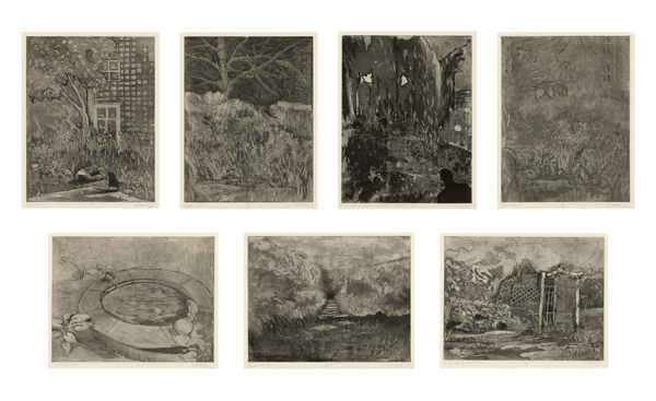 Sept gravures représentant différents espaces de jardin - quatre dans la rangée du haut sont en orientation portrait et trois dans la rangée du bas sont en orientation paysage.