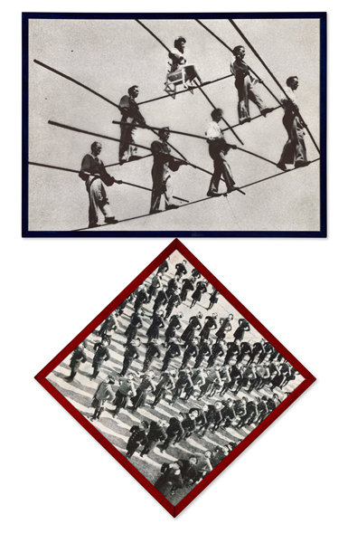 Deux photos en noir et blanc apparaissent l'une au-dessus de l'autre. Celle du haut montre sept funambules effectuant un tour audacieux. La photo du bas montre des enfants portant des uniformes qui se tiennent en ligne, les mains sur les hanches, en regardant vers le haut.