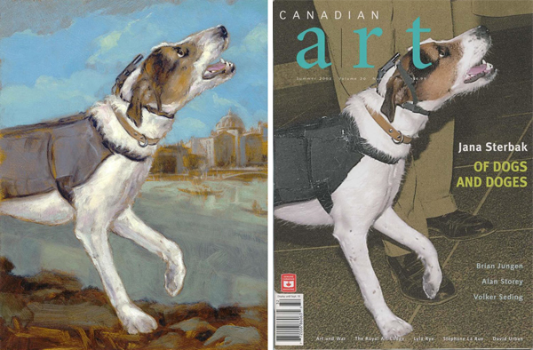 Deux images côte à côte représentant un terrier Jack Russell portant un gilet et une caméra vidéo montée sur son collier, sur des arrière-plans différents. 