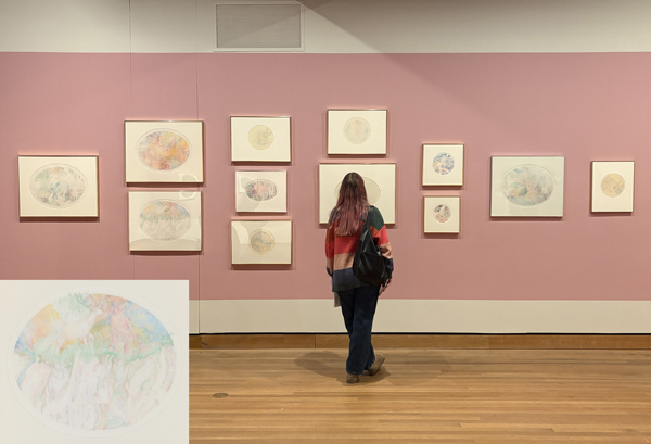 A woman is looking at twelve pale-coloured, circular and oval shaped framed drawings that are installed on a dusty pink wall. There is an inset of one of the artworks in the bottom left corner.