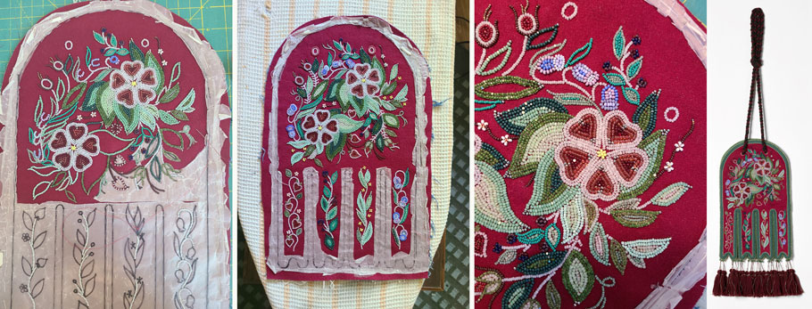Collage de quatre images montrant la progression de la fabrication d'un sac à feu métis orné de perles et de motifs floraux sur un tissu rouge.